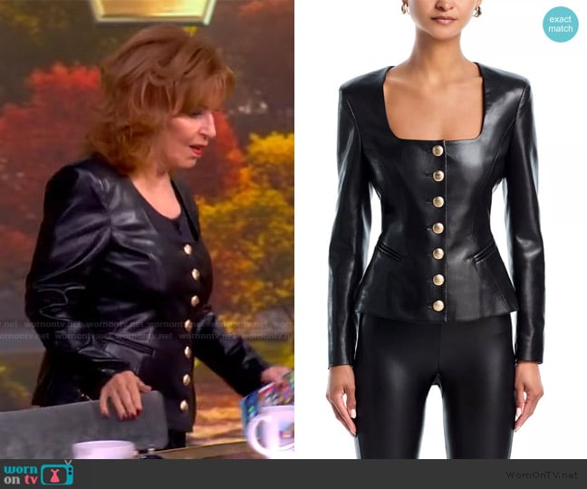 Joy’s black leather square neck jacket on The View Joy’s black leather square neck jacket on The View