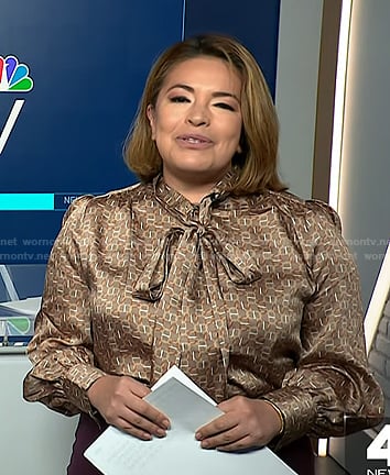 Gilma Avalos’s taupe print tie neck blouse on NBC News Daily