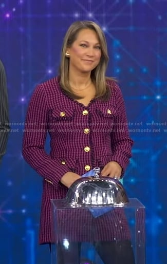 Ginger’s purple houndstooth tweed dress on Good Morning America