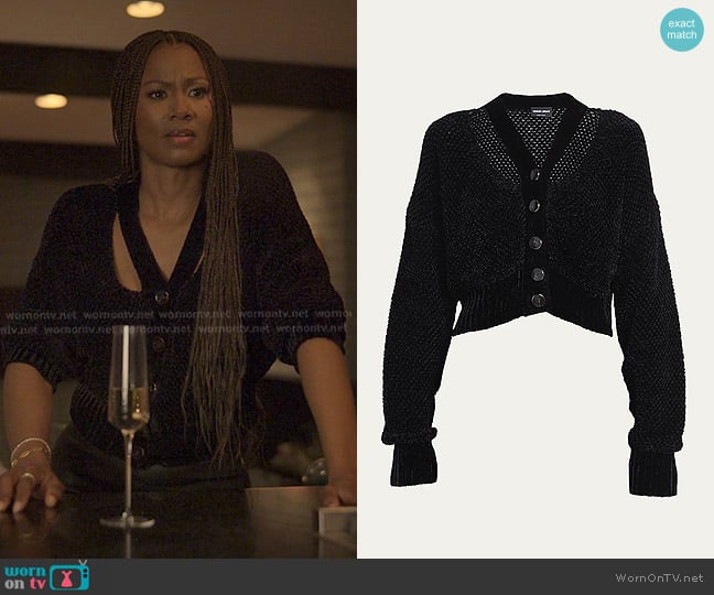 Giorgio Armani Chenille Cutout Cropped Cardigan worn by Jax Stewart (Emayatzy Corinealdi) on Reasonable Doubt