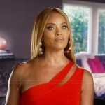 Gizelle’s red one shoulder confessional dress on The Real Housewives of Potomac