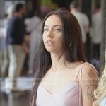 Grace’s pink lace hem long dress on The Secret Lives of Mormon Wives