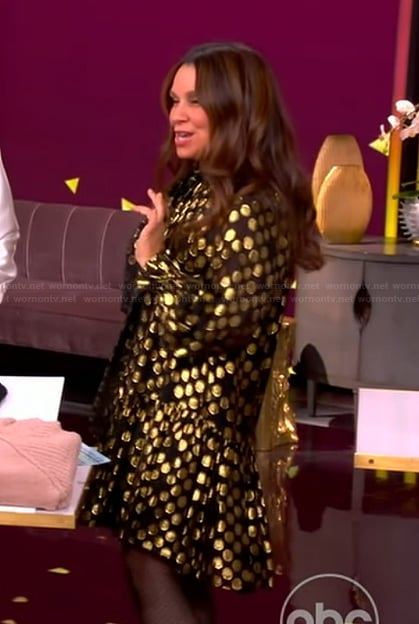 Gretta Monahan’s black metallic dot mini dress on The View