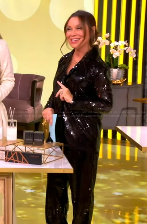 Gretta Monahan’s black sequin top and pant set on The View