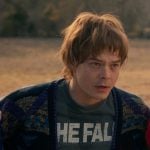 Jonathan’s grey The Fall print tee on Stranger Things