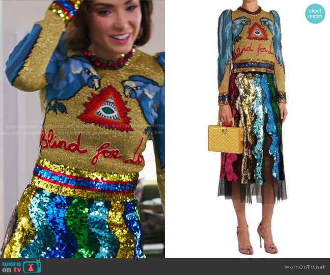 Gucci Appliquéd Sequin-embellished Intarsia Knitted Sweater and Skirt worn by Bronwyn Newport on The Real Housewives of Salt Lake City