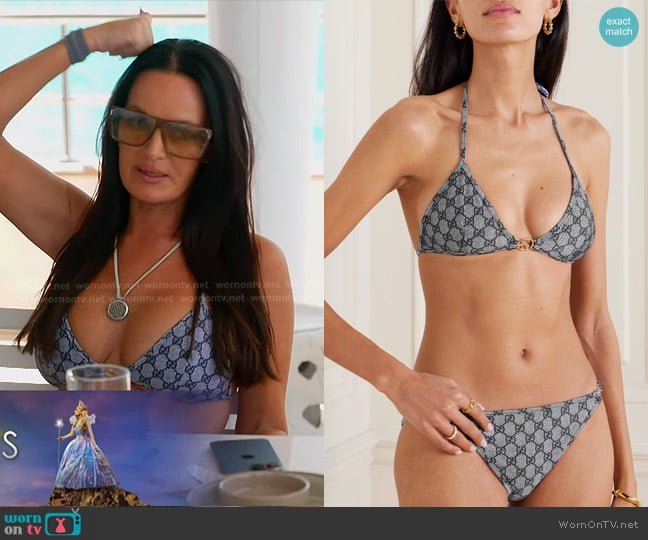 Gucci Embellished Printed Triangle Bikini in Blue worn by Lisa Barlow on The Real Housewives of Salt Lake City