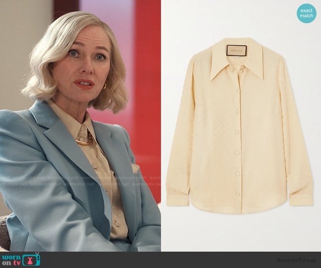 Liberty’s beige silk button down blouse on Alls Fair Liberty’s beige silk button down blouse on Alls Fair