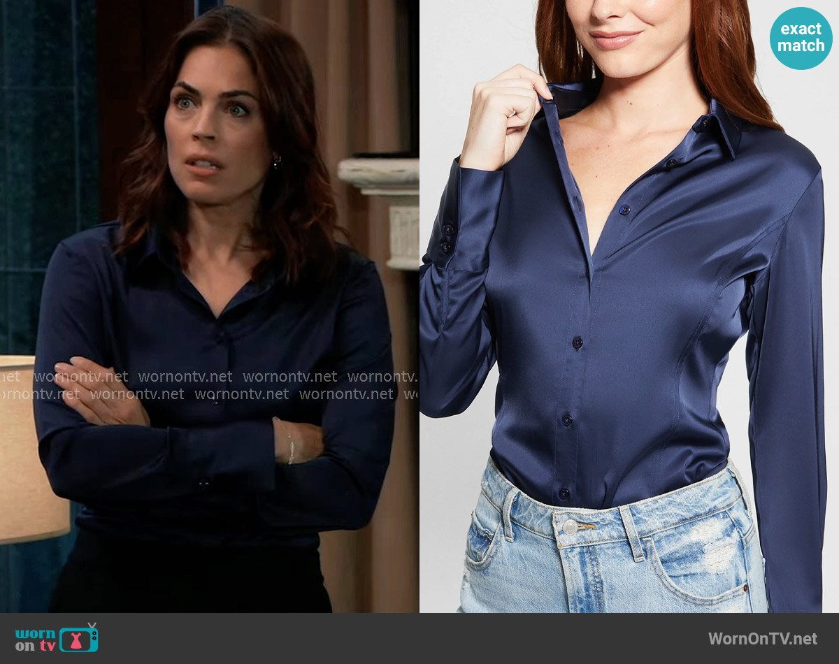 Guess Fernanda Corset Shirt worn by Britt Westbourne (Kelly Thiebaud) on General Hospital