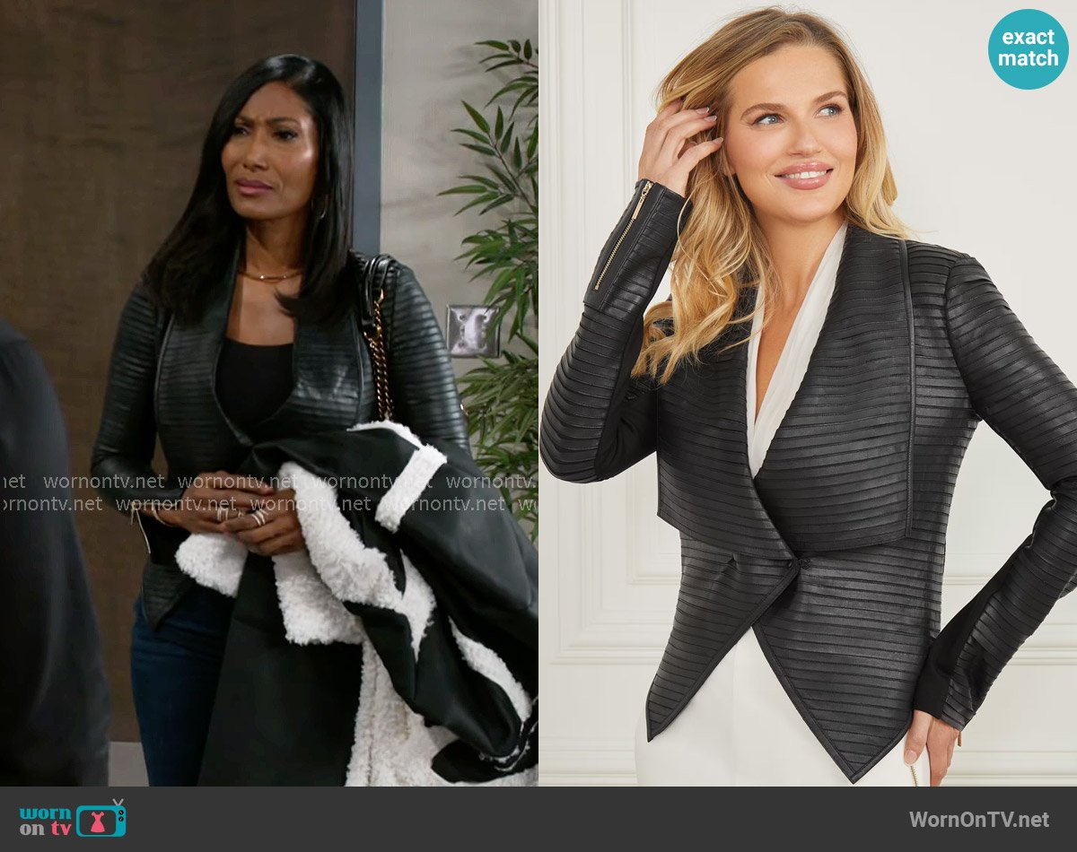 Leslie’s black leather pleated jacket on Beyond the Gates