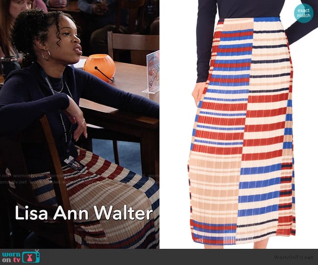Halogen Pleated Colorblock Stripe Maxi Skirt worn by Tasha Hoffman (Taylor Garron) on Abbott Elementary
