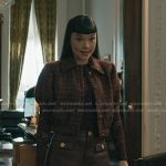 Hannah’s red tweed cropped jacket and leather shorts on Elsbeth