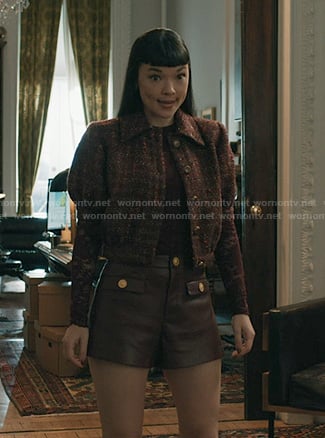 Hannah’s red tweed cropped jacket and leather shorts on Elsbeth