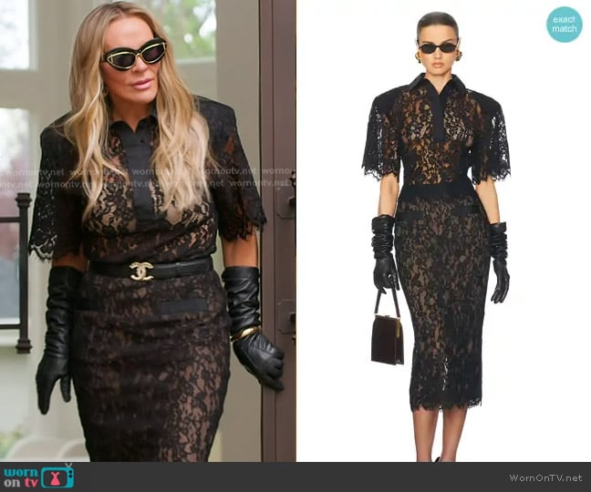 Helsa The Lace Shirt With Shoulder Pad and Skirt worn by Heather Gay on The Real Housewives of Salt Lake City