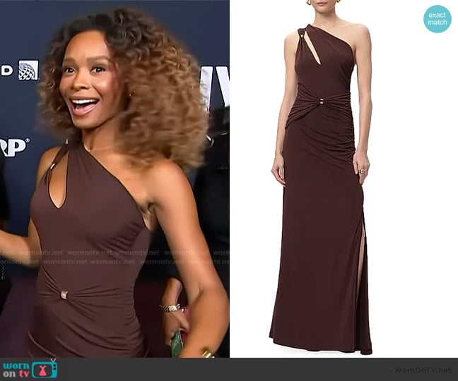 Herve Leger The Aurora Asymmetric Jersey Gown worn by Zuri Hall on Access Hollywood