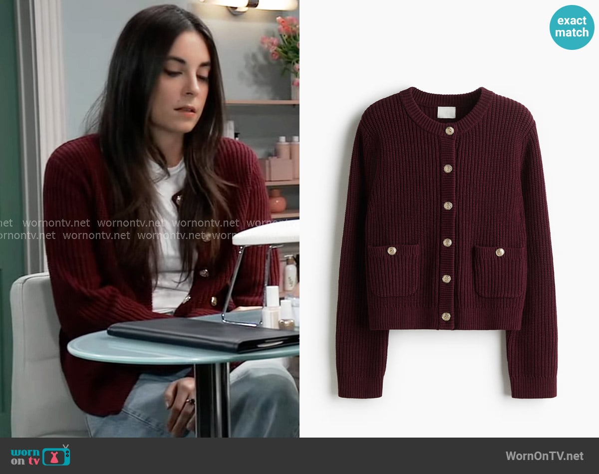 H&M Rib-Knit Cardigan in Burgundy worn by Molly Lansing-Davis (Kristen Vaganos) on General Hospital