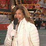 Hoda’s white down jacket and cable knit scarf on Today
