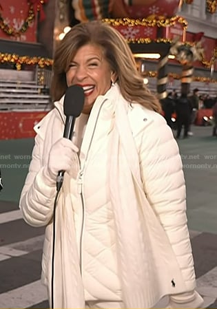 Hoda’s white down jacket and cable knit scarf on Today