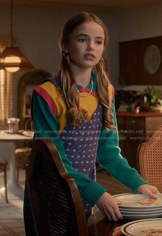 Holly's purple floral overalls on Stranger Things