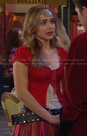 Holly's red scoop neck ruffle trim top on Days of our Lives