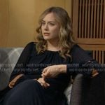 Hope’s navy and tan stripe pleated dress on The Bold and the Beautiful