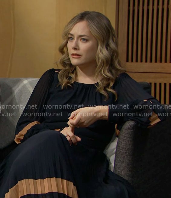 Hope's navy and tan stripe pleated dress on The Bold and the Beautiful