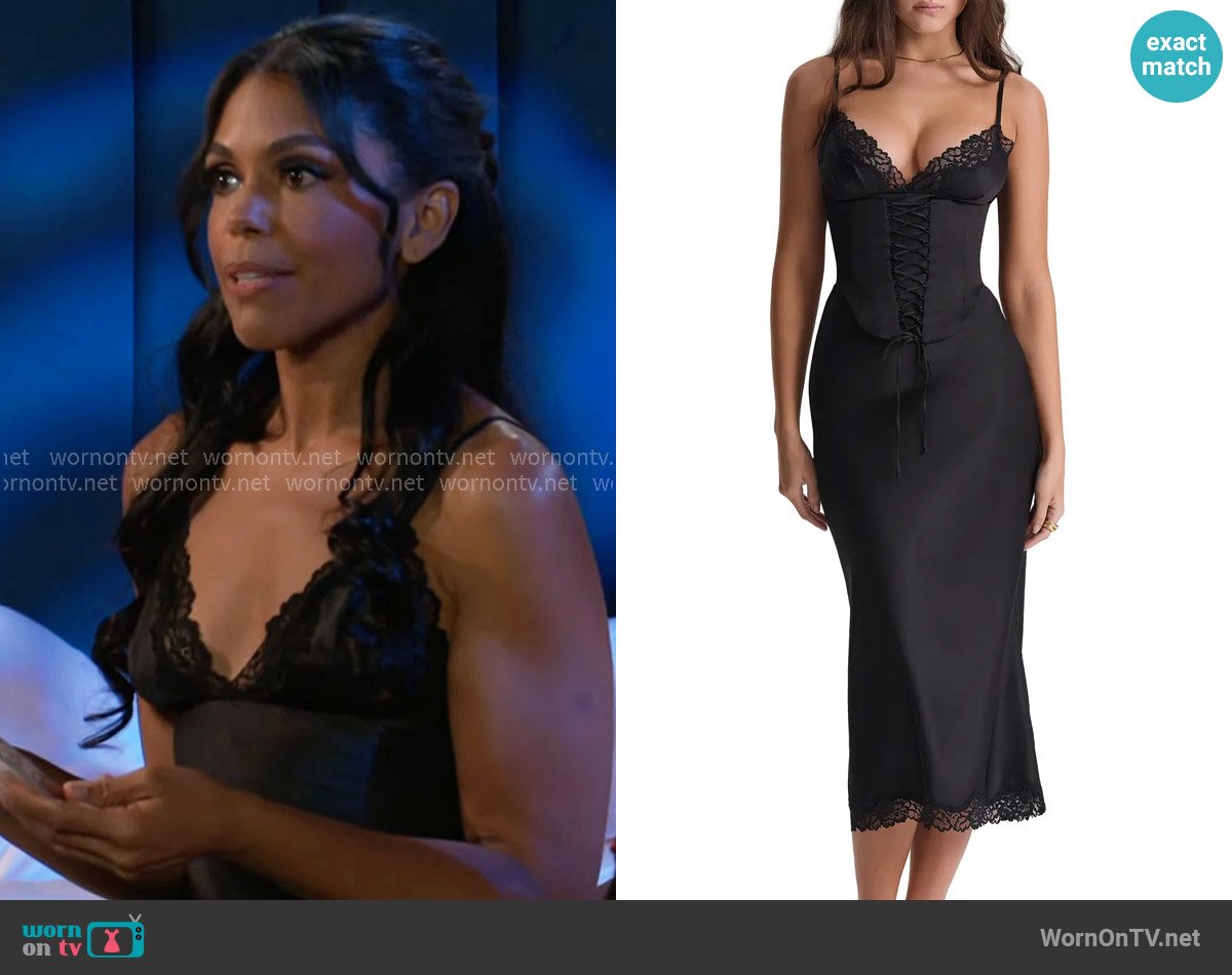 House of CB Salma Corset Satin Slipdress worn by Dani Dupree (Karla Mosley) on Beyond the Gates