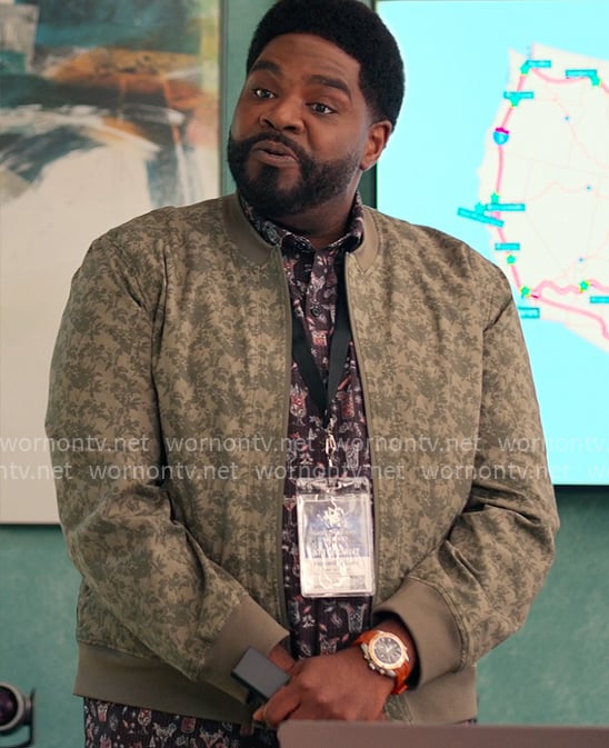 Howard’s drinks print shirt and green printed bomber jacket on Loot