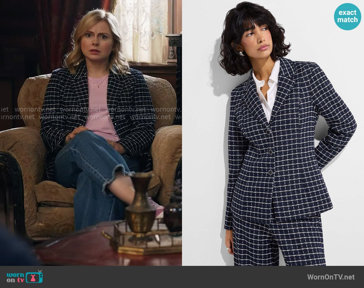 Ichi Fluid blue plaid tweed fitted blazer worn by Sam (Rose McIver) on Ghosts