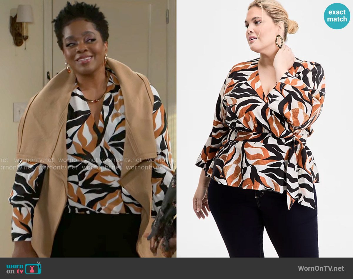 INC International Concepts Printed Kimono Wrap Top worn by Mona Wilson (Karan Kendrick) on Beyond the Gates