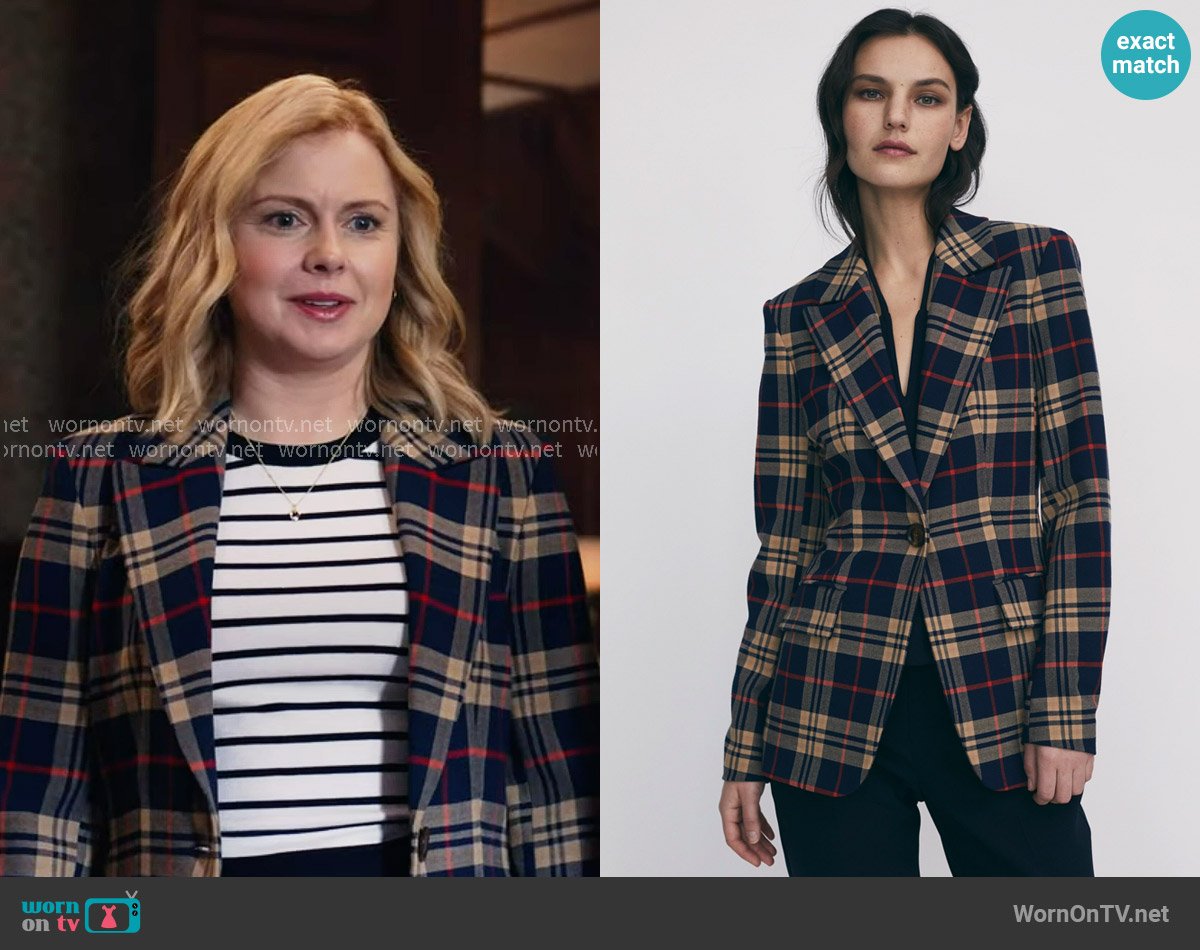 Iris Setlakwe Plaid single button jacket worn by Sam (Rose McIver) on Ghosts