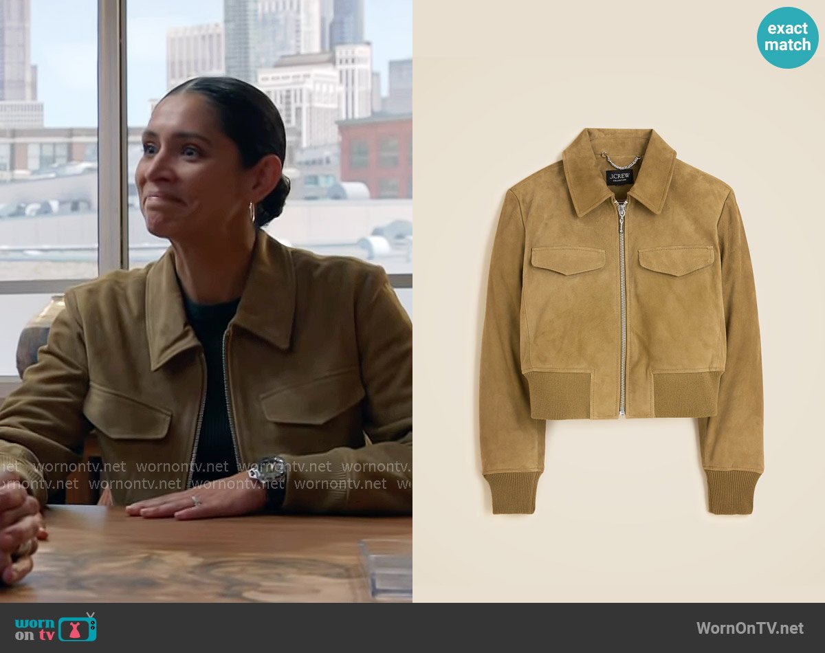 J. Crew Collection cropped flight jacket in suede worn by Stella Kidd (Miranda Rae Mayo) on Chicago Fire