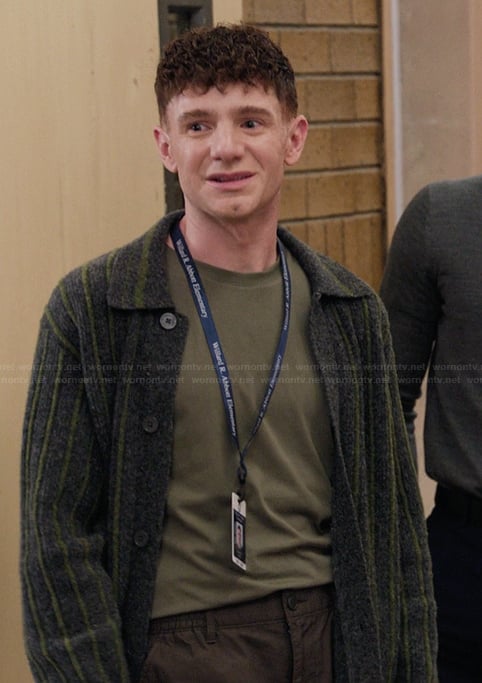 Jacob's ribbed cardigan on Abbott Elementary