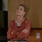 Jan’s red printed blouse on Beyond the Gates