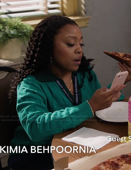 Janine's green check contrast collar sweater on Abbott Elementary