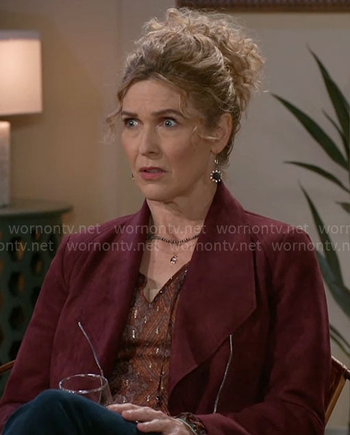 Jan's red printed metallic blouse and jacket on Beyond the Gates