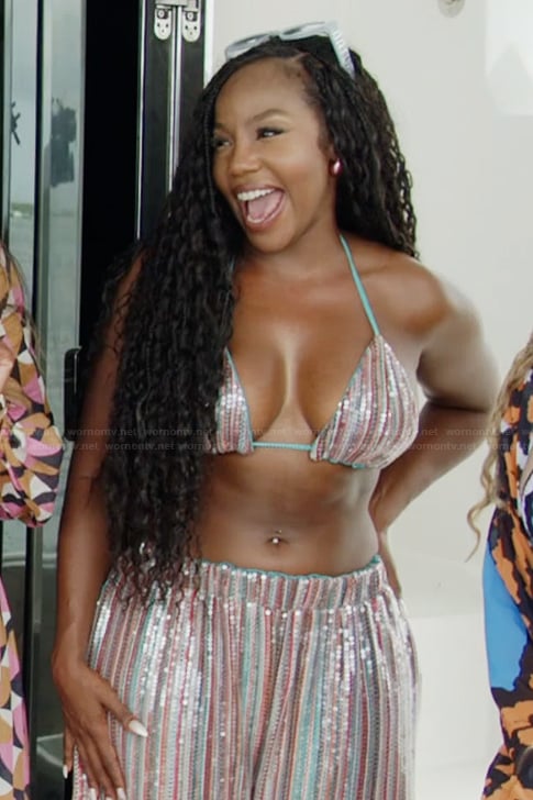 Jassi's metallic stripe bikini and pants set on The Real Housewives of Potomac