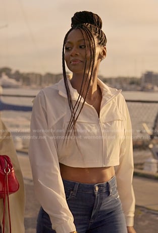 Jax's white cropped zip jacket on Reasonable Doubt