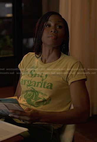 Jax’s yellow Spicy Margarita graphic tee on Reasonable Doubt