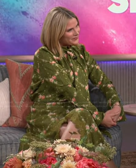 Jenna Bush's green floral print top and skirt on The Kelly Clarkson Show