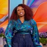 Jennifer’s blue abstract satin wrap top on The Jennifer Hudson Show