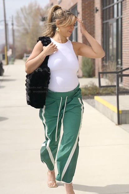 Jen's green stripe pants on The Secret Lives of Mormon Wives