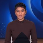 Jericka’s brown and black colorblock knit dress on CBS Evening News