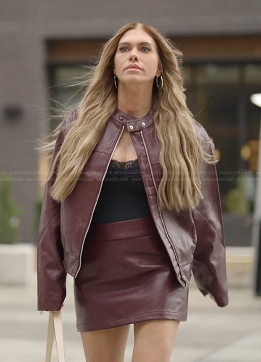 Jessi's burgundy leather jacket and mini skirt on The Secret Lives of Mormon Wives