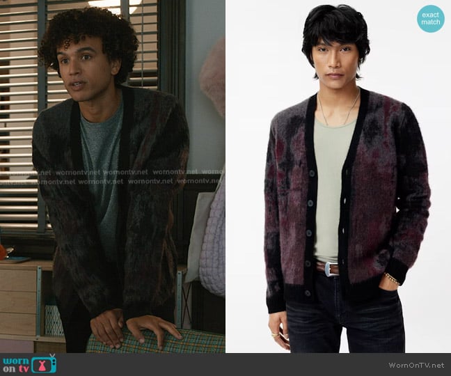 John Varvatos Dio Cardigan in Dark Plum worn by Roy (Hayward Leach) on Elsbeth