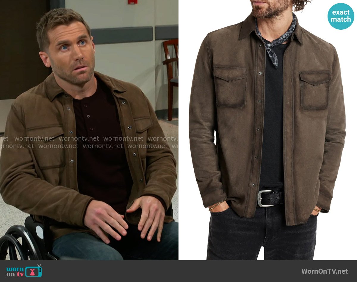 Derek’s brown leather shirt jacket on Beyond the Gates