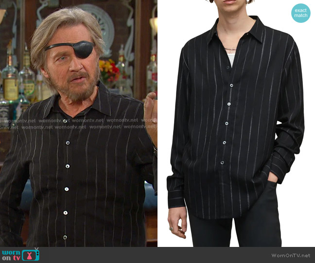 John Varvatos Nye Classic Fit Pinstripe Shirt in black worn by Steve (Stephen Nichols) on Days of our Lives