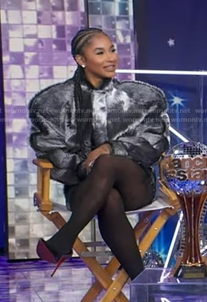 Jordan Chiles’s grey fur jacket and mini skirt on Good Morning America