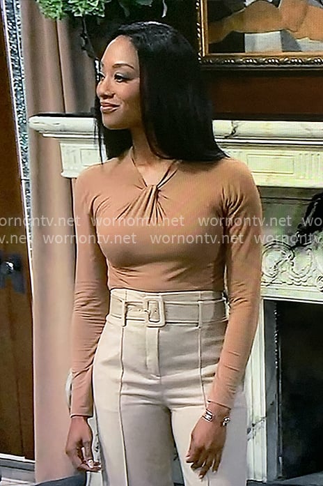 Jordan’s twist neck top and belted pants on General Hospital