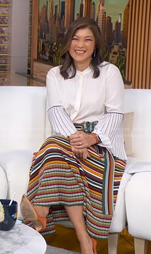 Juju’s white pleated sleeve blouse and striped skirt on Good Morning America